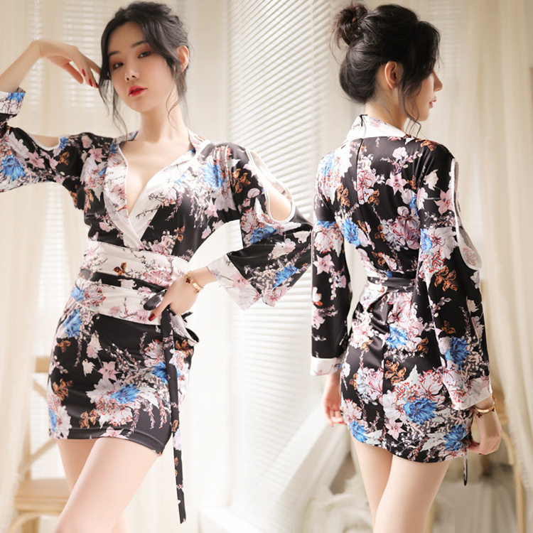睡衣女夏冰丝复古日系印花v领系绳和服镂空性感诱惑束腰情趣睡袍