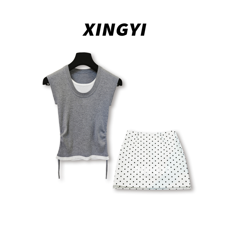 『XINGYI』高级感假两件腰部抽褶针织上衣半裙套装XY9140
