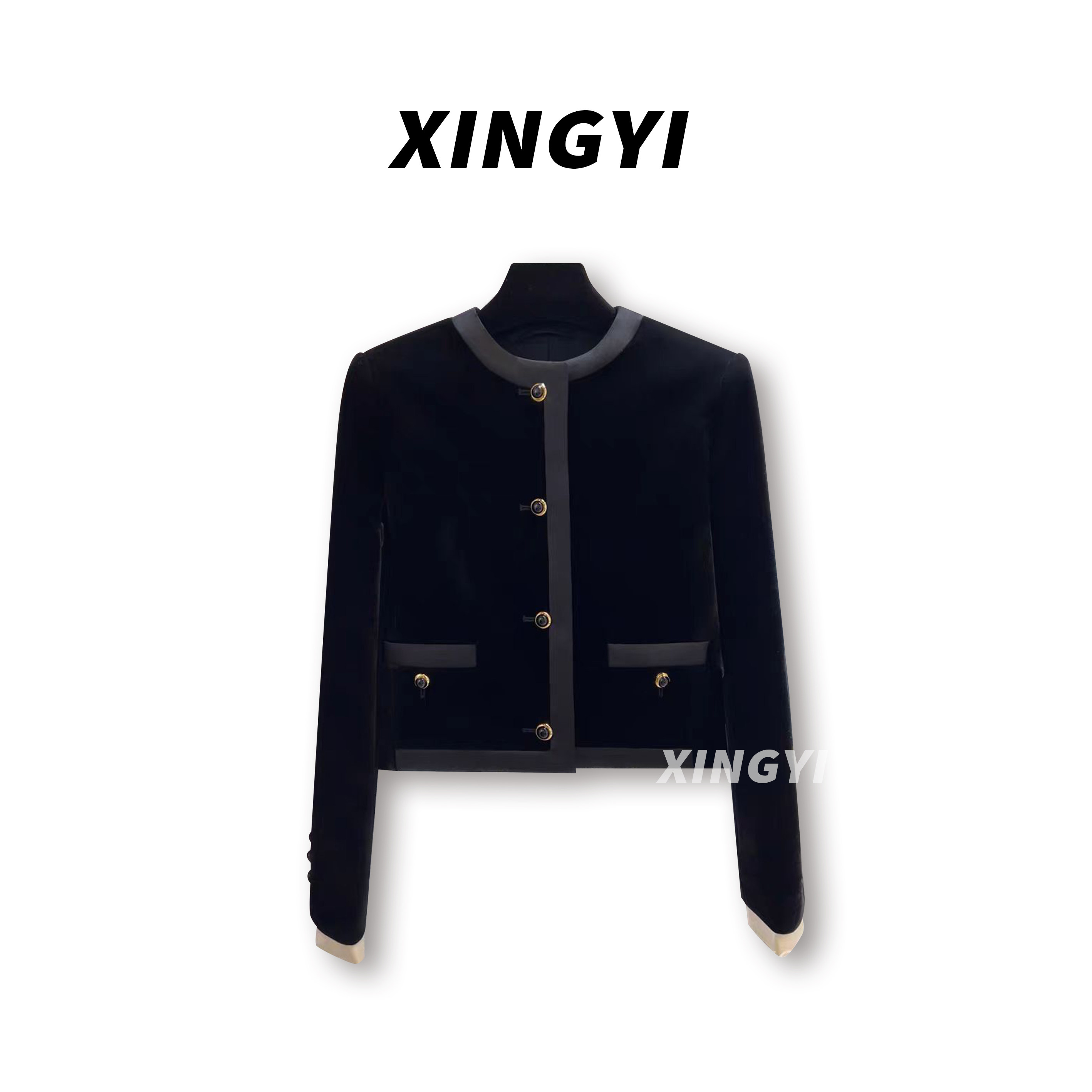 『XINGYI』黑色丝绒长袖拼接袖高级感小香风外套XY8158