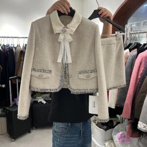 秋冬钻光重工蝴蝶结领领结小香风外套半裙套装女一套搭配两件套裙