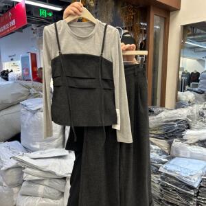 秋季休闲阔腿裤上衣两件套女洋气拼接假两件上衣休闲长裤显瘦套装