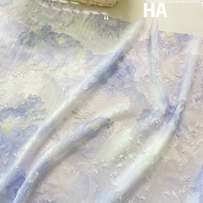 高级感紫色旗袍印花面料 晕染汉服百迭裙礼服DIY手工剪花提花布料