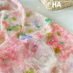 粉色晕染印花童装 梅花亮片发饰发圈DIY旗袍汉服布料 手作面料提花