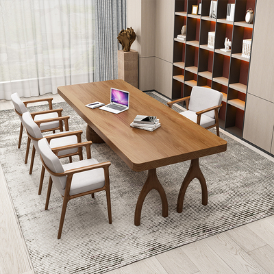 全实木会议桌长桌办公桌原木大板桌简约现代工作台图书馆洽谈桌椅