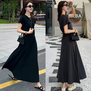 韩版穿搭一整套装女夏季简约圆领设计款T恤+松紧休闲半身裙两件套