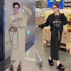 韩版冬季时尚套装女卡通米奇印花加绒卫衣半身裙休闲运动两件套潮