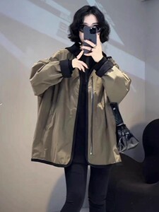 欧洲站双面拉链撞色风衣外套女秋冬设计感小众宽松百搭棒球服上衣