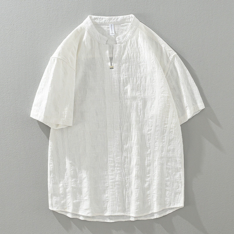 1269色织提花格纹五分袖棉麻衬衫男士夏季立领套头半袖麻料衬衣潮