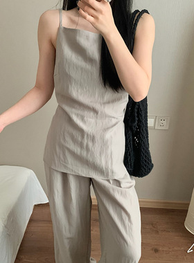 【换季清仓】 夏季韩国小众时髦洋气设计感天丝吊带休闲裤套装女
