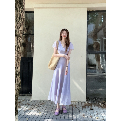 希宥HOUSE 浪漫浅紫色法式V领显瘦蕾丝拼接长裙修身裙连衣裙