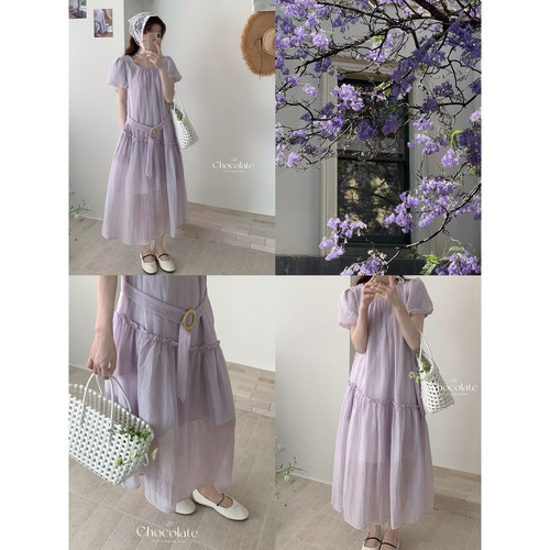 希宥HOUSE 慵懒甜美风宽松系带减龄不规则木耳边连衣裙(配腰带)