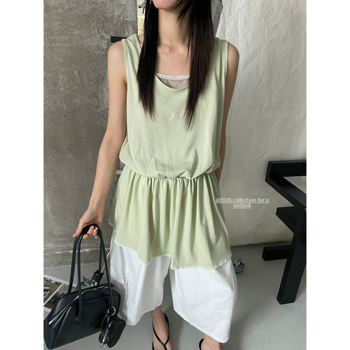 希宥HOUSE 小众设计蕾丝拼接假两件抽褶背心连衣裙