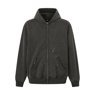 DaeeWooo水洗灰vintage做旧连帽抓绒泼墨短宽boxy卫衣帽衫 外套男