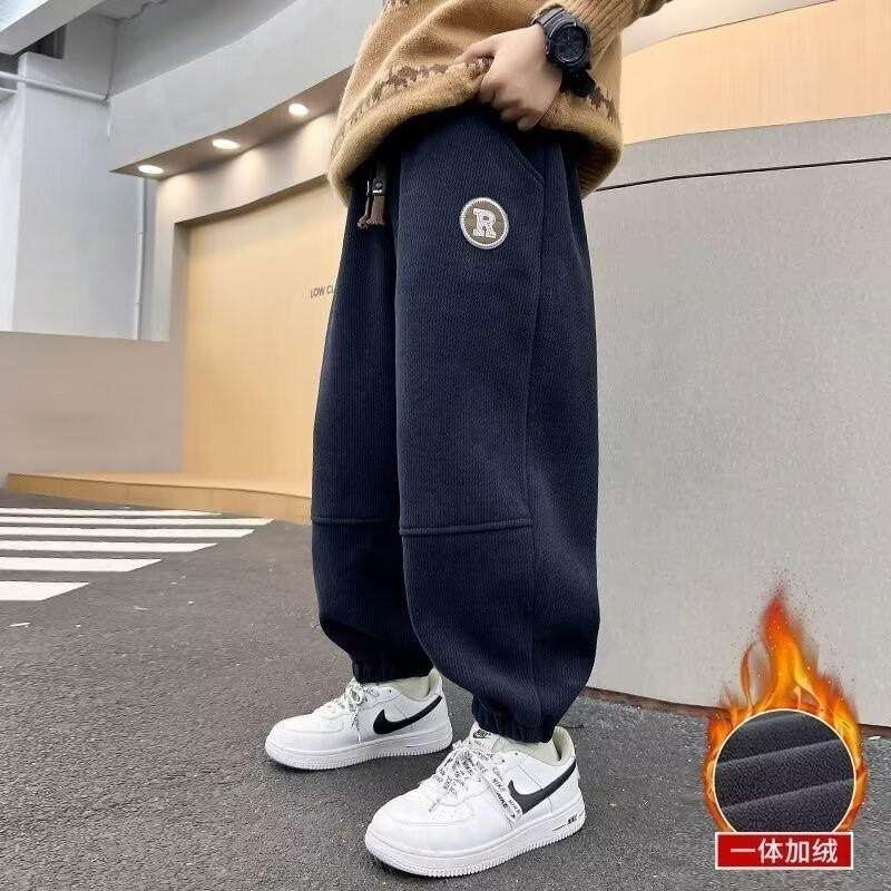 男童冬季加绒裤子秋冬款2024新款儿童棉运动裤一体绒中大童厚卫裤