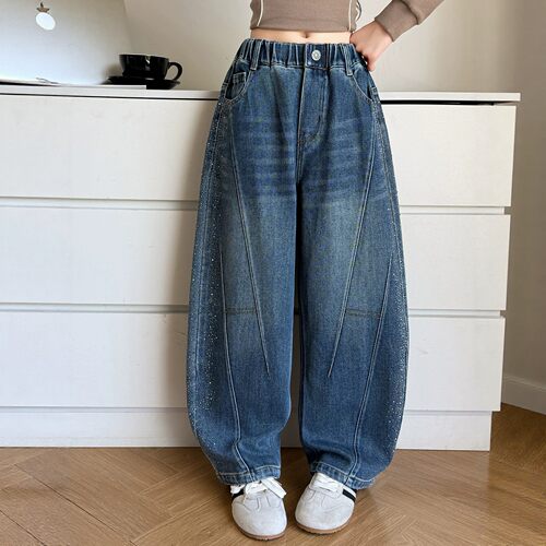 女童烫钻阔腿牛仔裤春秋新款