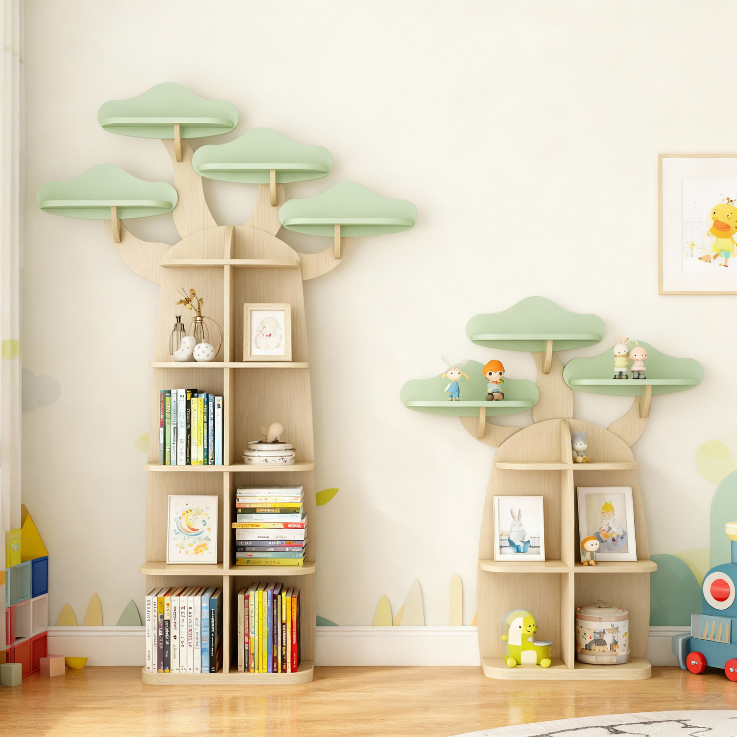 创意猴面包树形书架儿童房木质多层收纳置物架落地背景墙家居装饰