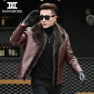 皮大衣外套 羊羔毛皮草男装 美洲貉毛领冬装 皮毛一体真皮皮衣男修身