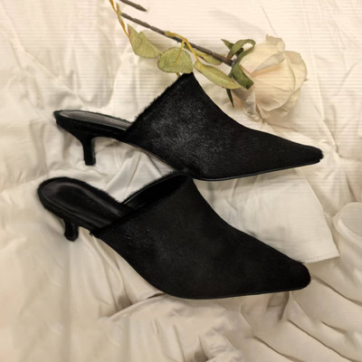 2025秋冬新款老钱风黑色尖头猫跟穆勒鞋女外穿高级感包头半拖鞋