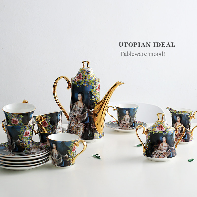 玥光宝盒 咖啡杯套装 油画茶具套装骨瓷欧式宫廷下午茶具套装15头