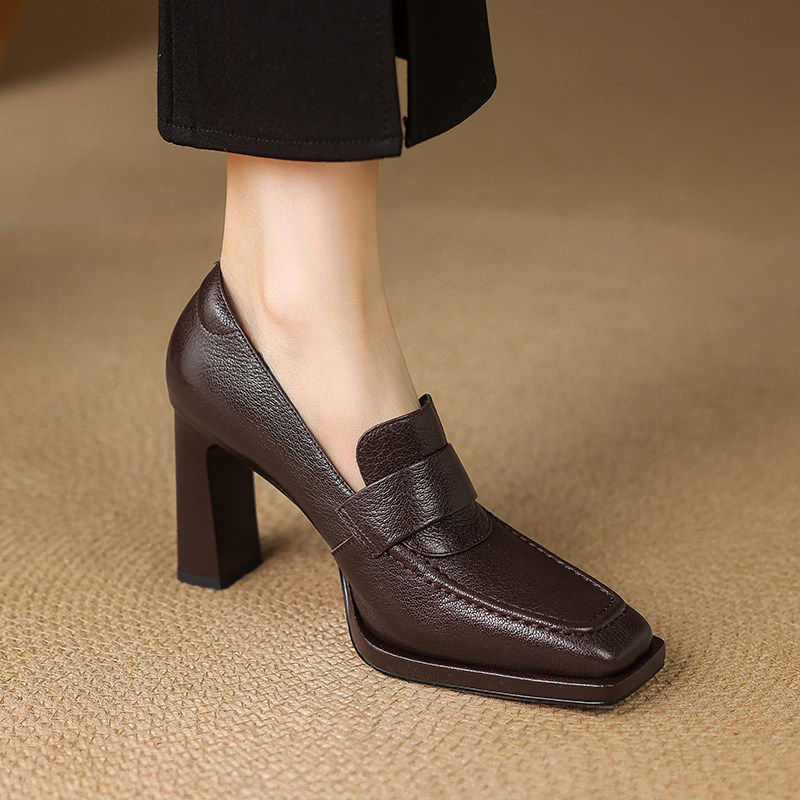 8.5cm高跟鞋女粗跟2026春季新款真皮法式气质复古方头深口单鞋女,女鞋,深口单鞋,淘宝优惠券,粉丝福利购,淘宝优惠卷