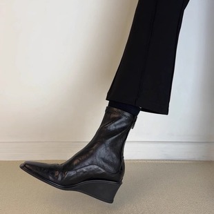 超好穿 后拉链高跟短靴通勤靴子 厚底坡跟靴子方头弹力瘦瘦靴新款