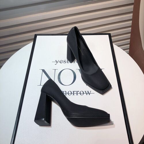 气质优雅浅口方头高跟单鞋软皮