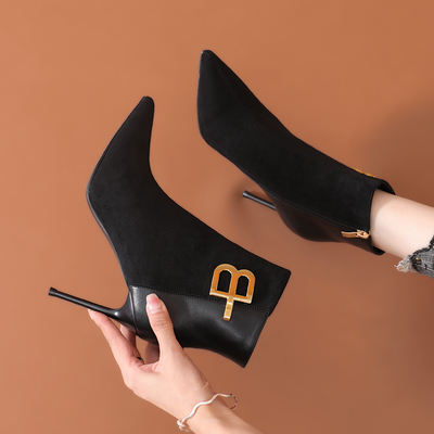 尖头细跟短靴女高跟鞋金属瘦瘦靴