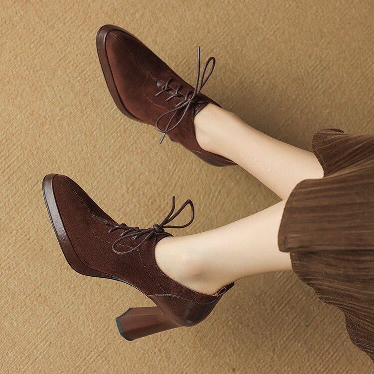 8cm尖头粗跟拼接磨砂羊皮春秋深口系带防水台时装高跟单鞋女,女鞋,深口单鞋,淘宝优惠券,粉丝福利购,淘宝优惠卷