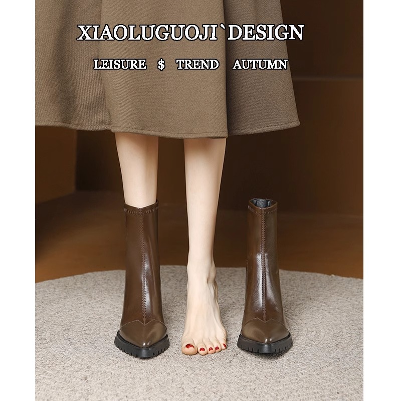 高跟鞋女秋冬2025新款今年流行的小短靴中筒粗跟防水台尖头瘦瘦靴