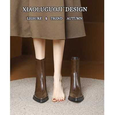 高跟鞋女秋冬2025新款今年流行的小短靴中筒粗跟防水台尖头瘦瘦靴