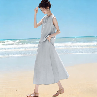 时尚女装亚麻套装连衣裙夏季新款无袖气质显瘦两件套长裙长款裙子