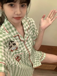 日系卡通蜡笔小新大码 睡衣女夏季 短袖 可爱学生外穿格子家居服套装