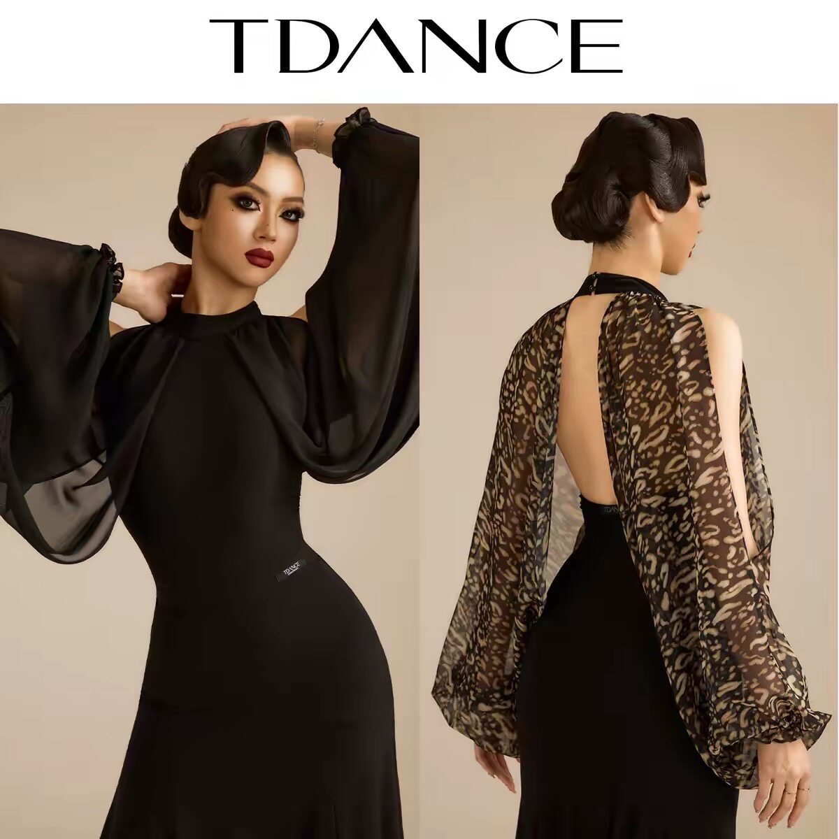 TDANCE国标舞摩登挂脖灯笼袖连体