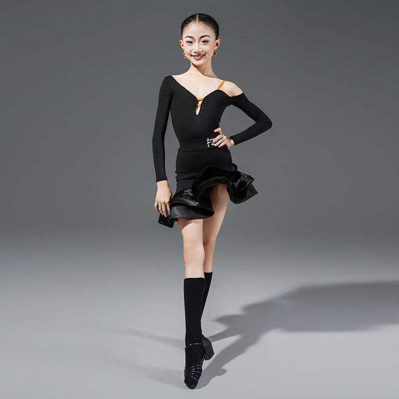 FZS舞服女童拉丁舞练习套装马兰格格同款大摆长袖黑色班服表演服