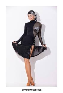 DAVID拉丁舞练功服2023秋冬新品黑色黑纱连体衣半身裙拉丁舞服