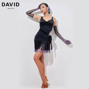 DAVID 2025新款拉丁舞服女士吊带流苏裙分体套装丝绒拼接练功服