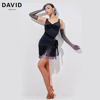 DAVID 2025新款拉丁舞服女士吊带流苏裙分体套装丝绒拼接练功服