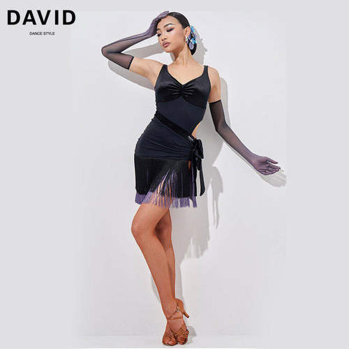DAVID 2025新款拉丁舞服女士吊带流苏裙分体套装丝绒拼接练功服