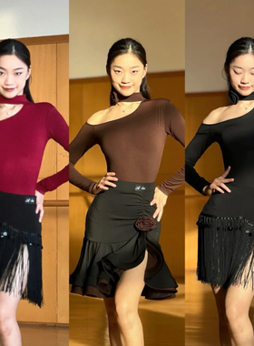 ALEL舞服秋冬斜肩美拉德长袖拉丁舞训练表演舞服黑色红色自带胸垫