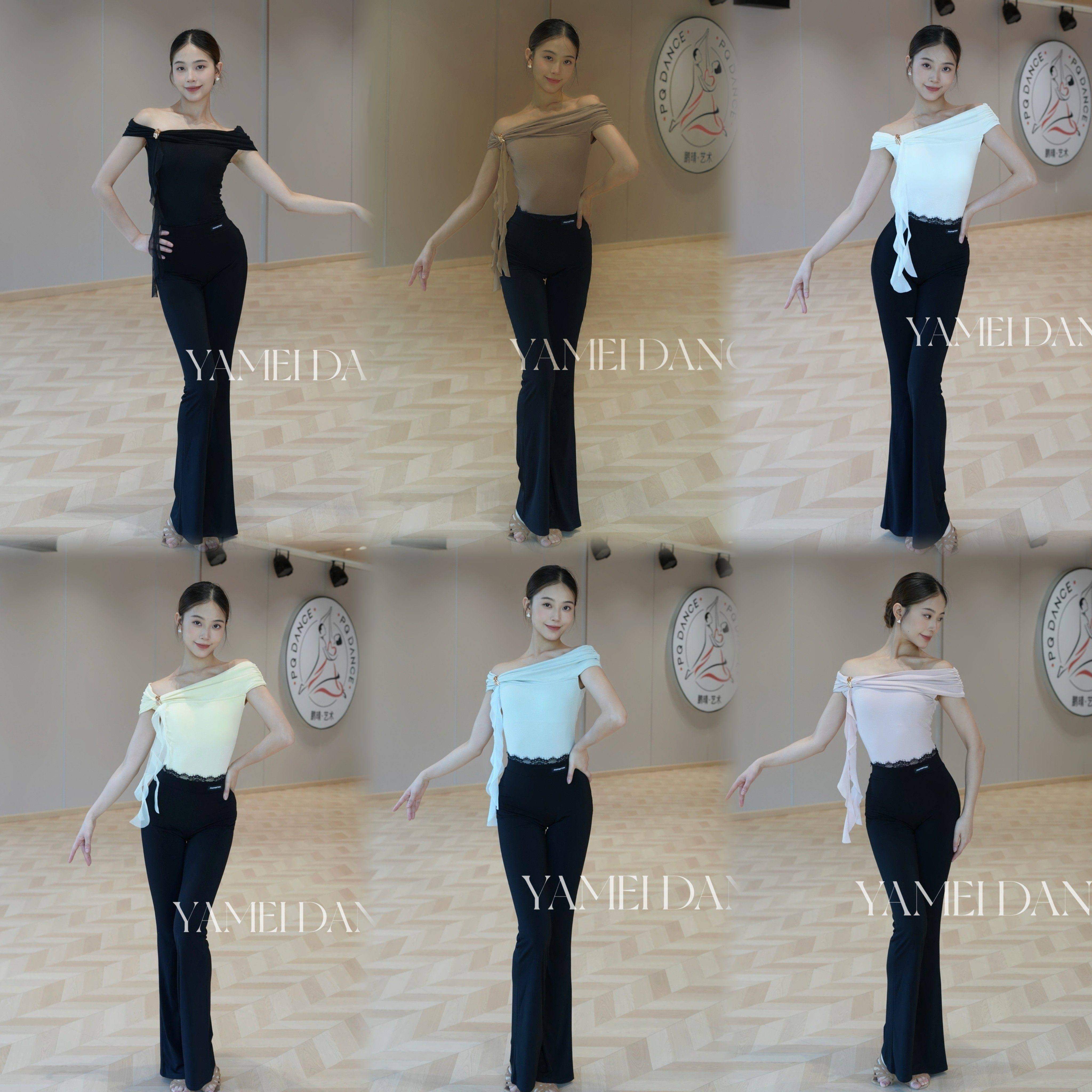 雅美舞服女士拉丁舞服新款摩登舞练功服吊带一字领飘带上衣