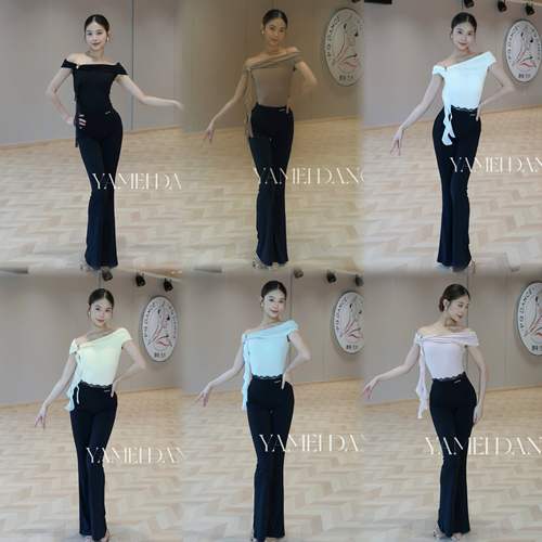 YAMEＩDANCE雅美拉丁舞服新款摩登舞练功服吊带一字领飘带上衣