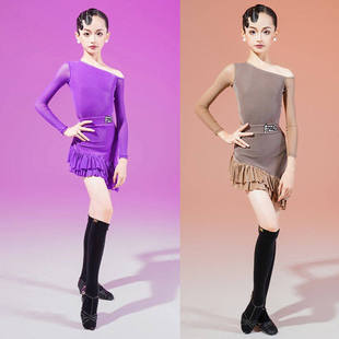 FZS拉丁舞服秋季儿童新款女斜肩云感真丝绒练功服双色可选舞蹈服