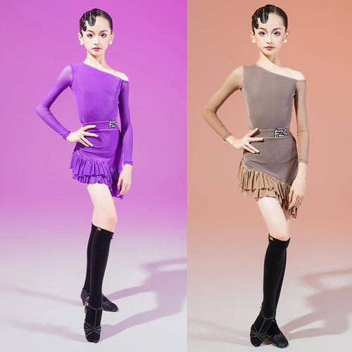 FZS拉丁舞服秋季儿童新款女斜肩云感真丝绒练功服双色可选舞蹈服