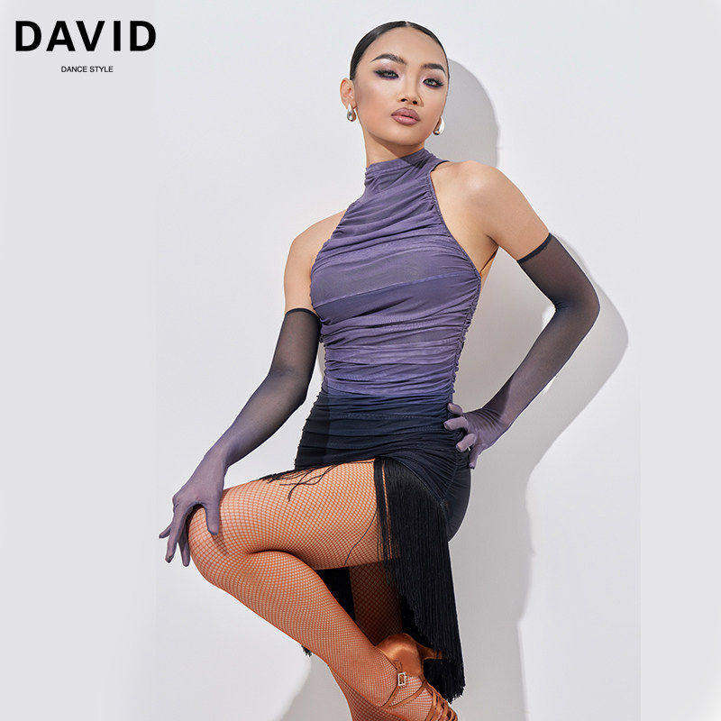 DAVID 2025新款渐变网纱吊带拉丁舞服成人半高领连衣裙流苏半身裙