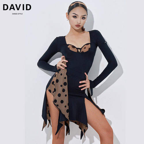 DAVID 24款女士拉丁舞服波点长袖上衣不规则波点半身裙练功服套装
