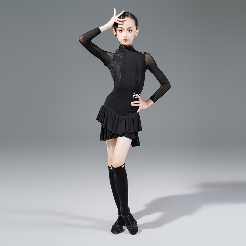 FZS DANCE 秋季新款拉丁舞服女露背水晶棉麻拼接蕾丝日常练功服