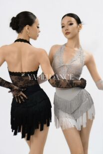 雅美舞服女士拉丁夜与雾挂脖蕾丝上衣钻条流苏半裙 拉丁分体套装