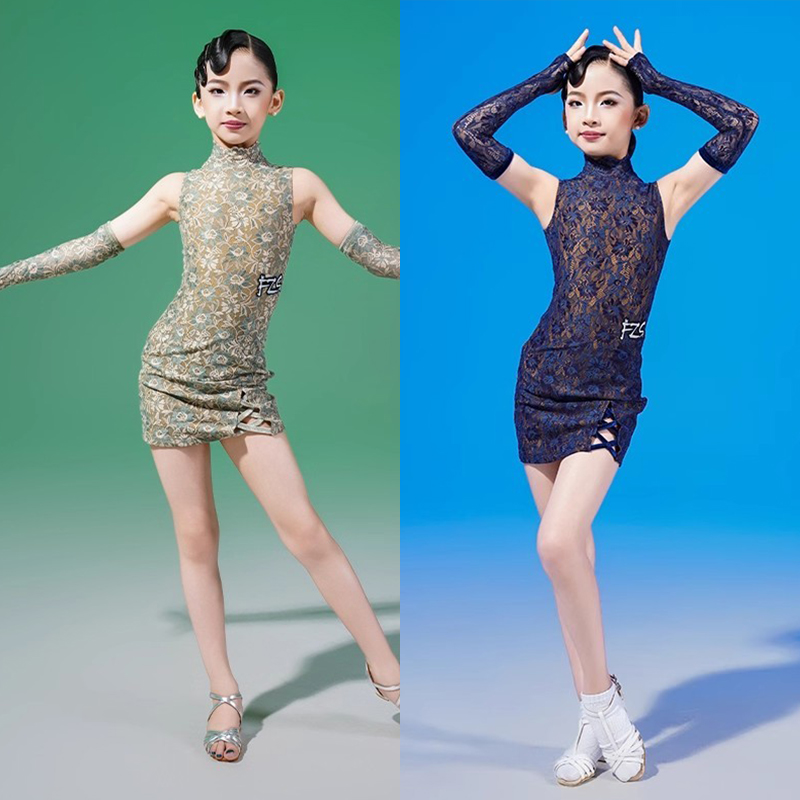 FZS拉丁舞服新款女蕾丝旗袍款国风练功服带袖套专业日常训练服