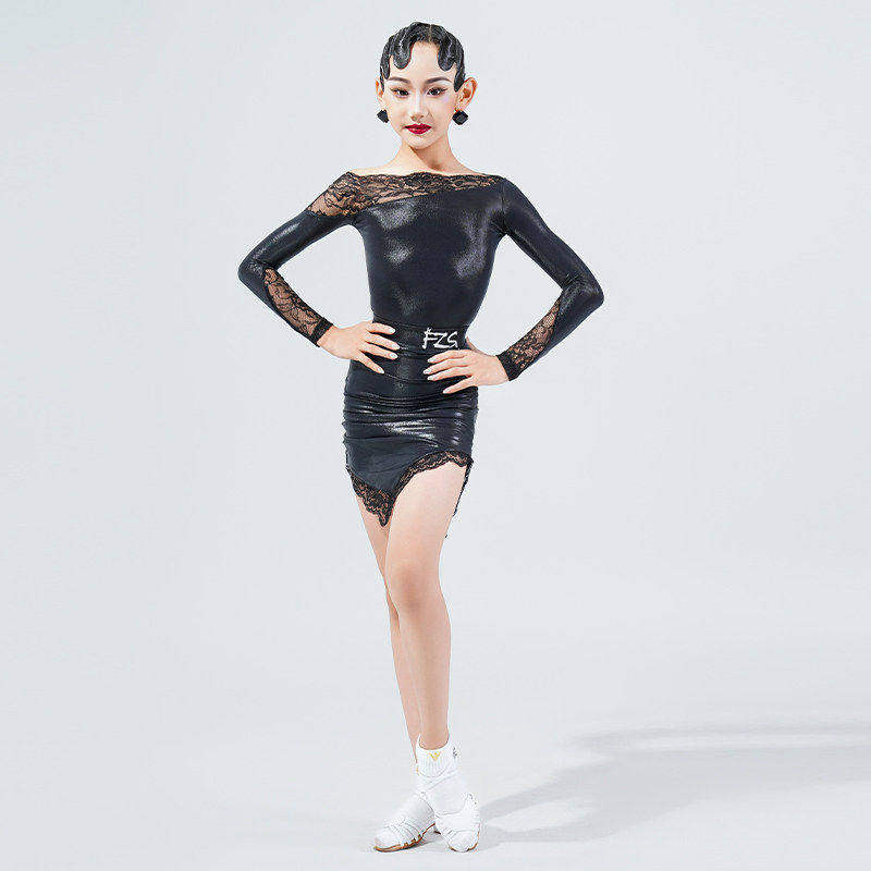 FZS女童拉丁舞服悠悠同款班服表演服练习套装黑色蕾丝斜肩爽肤