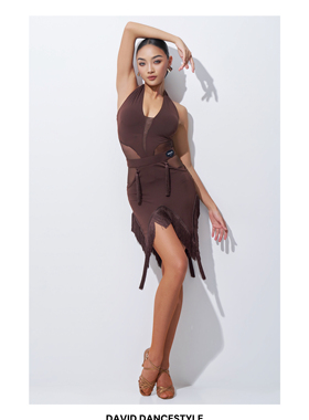 DAVID舞服挂脖深V网纱连体拉丁舞服女流苏不规则艺考练功半身套裙